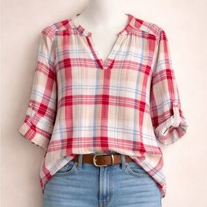 Fun 2 Fun Red Plaid V-Neck Blouse